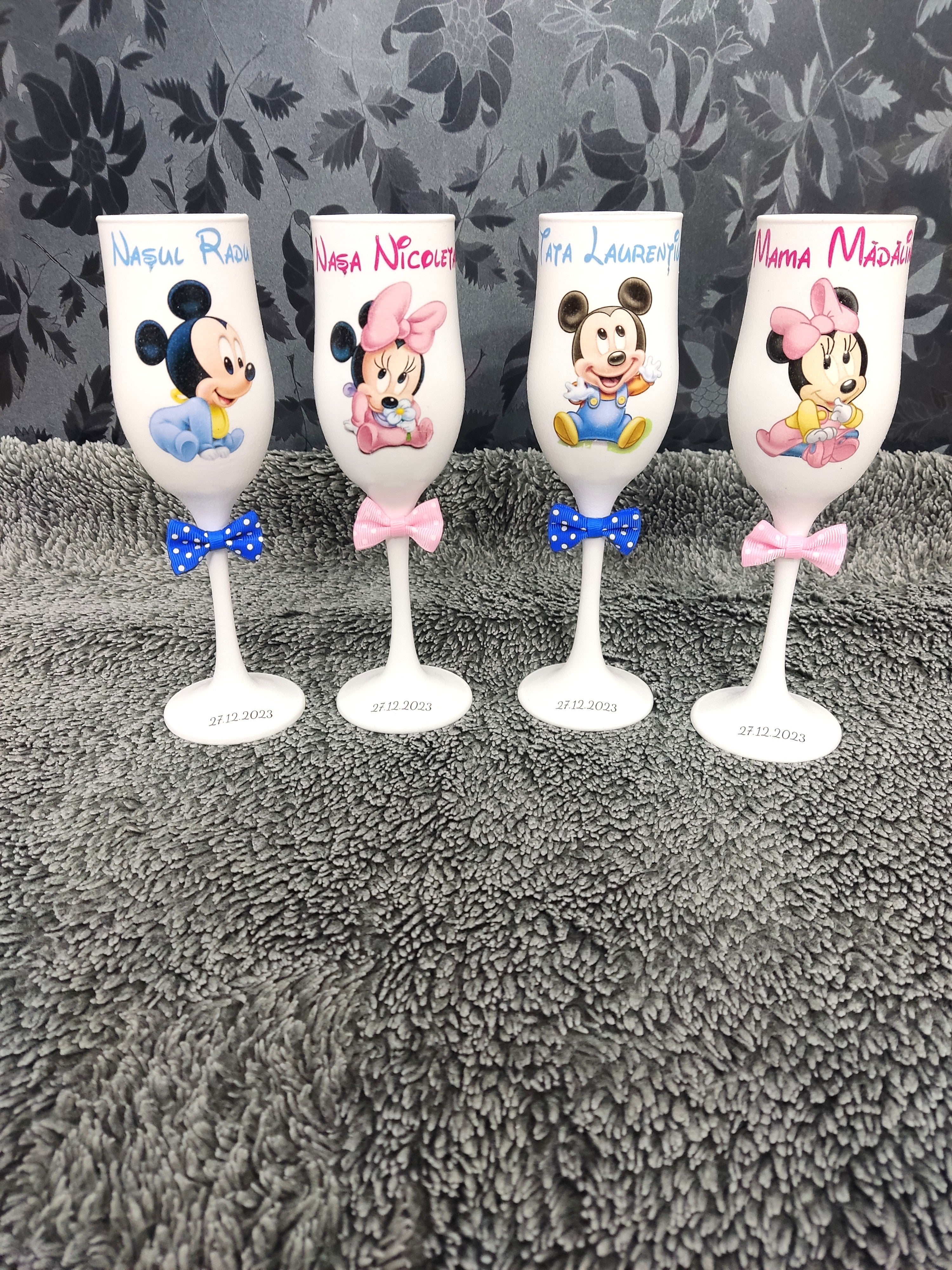 Pahare sampanie personalizate botez - minnie si mickey