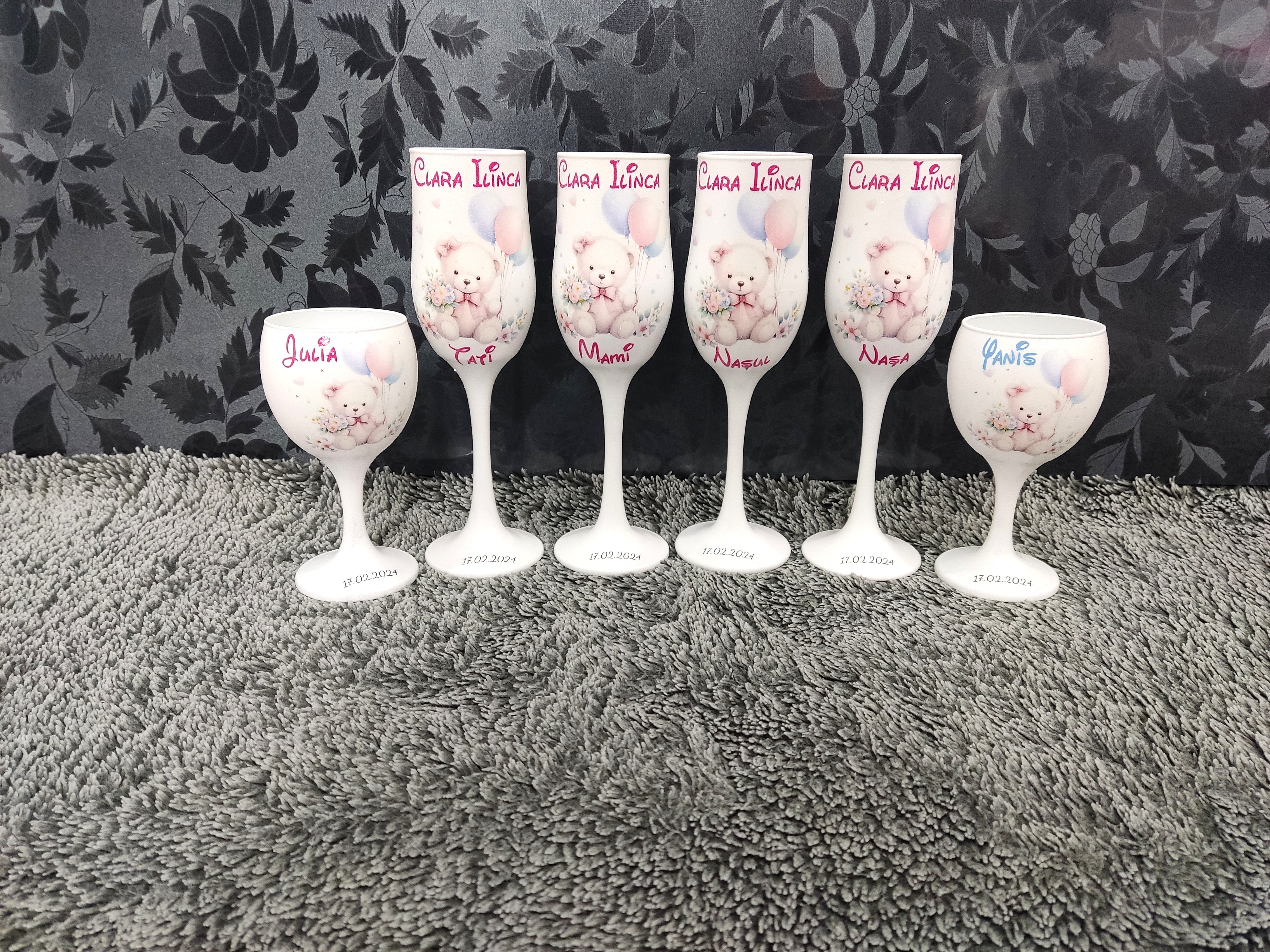 Pahare sampanie personalizate botez - ursulet cu baloane