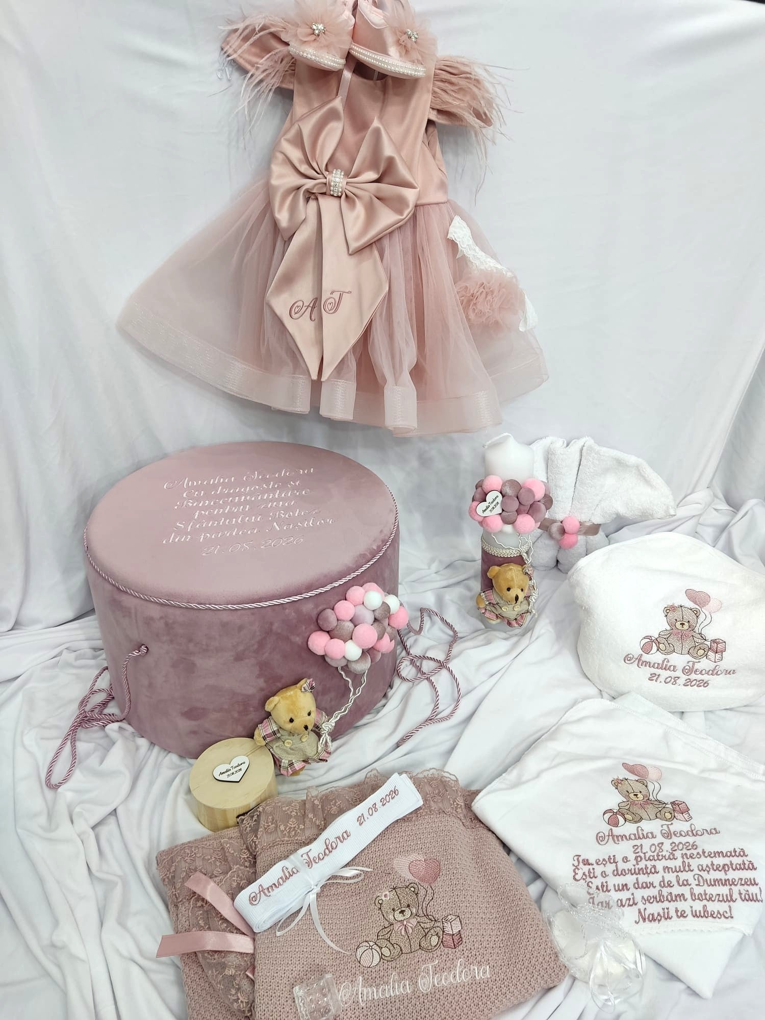 Trusou botez complet fetita roz pudra - ursulet cu baloane
