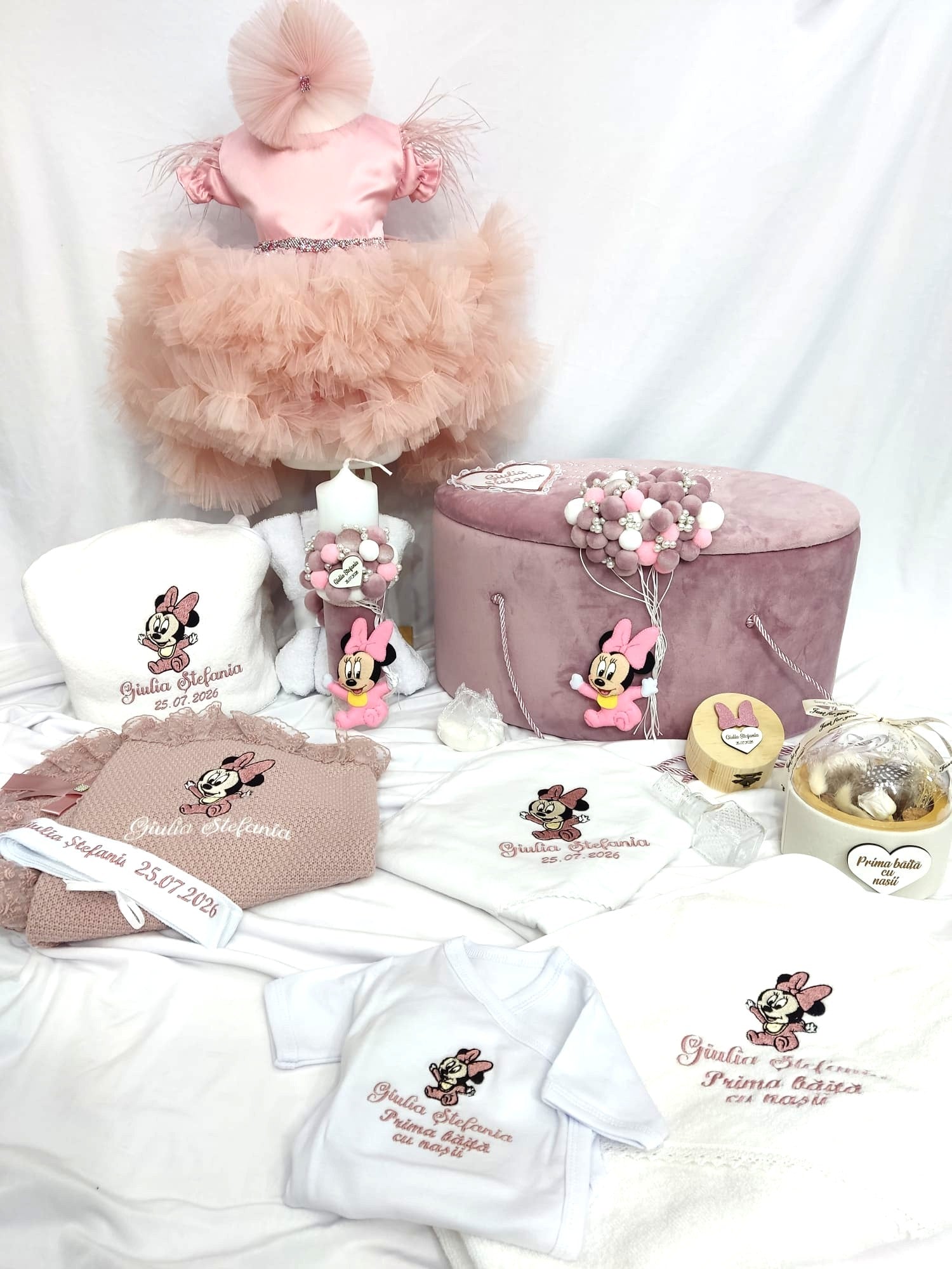 Trusou complet botez fetita roz pudra - Minnie bebelus