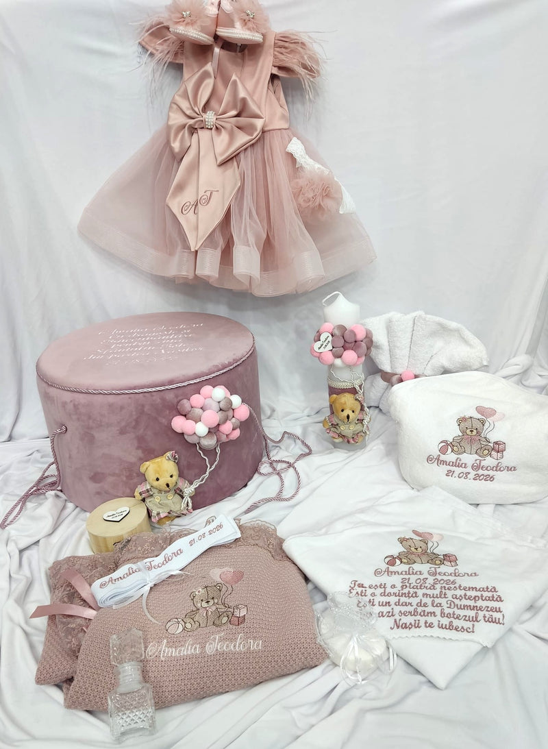 Trusou botez complet fetita roz pudra - ursulet cu baloane