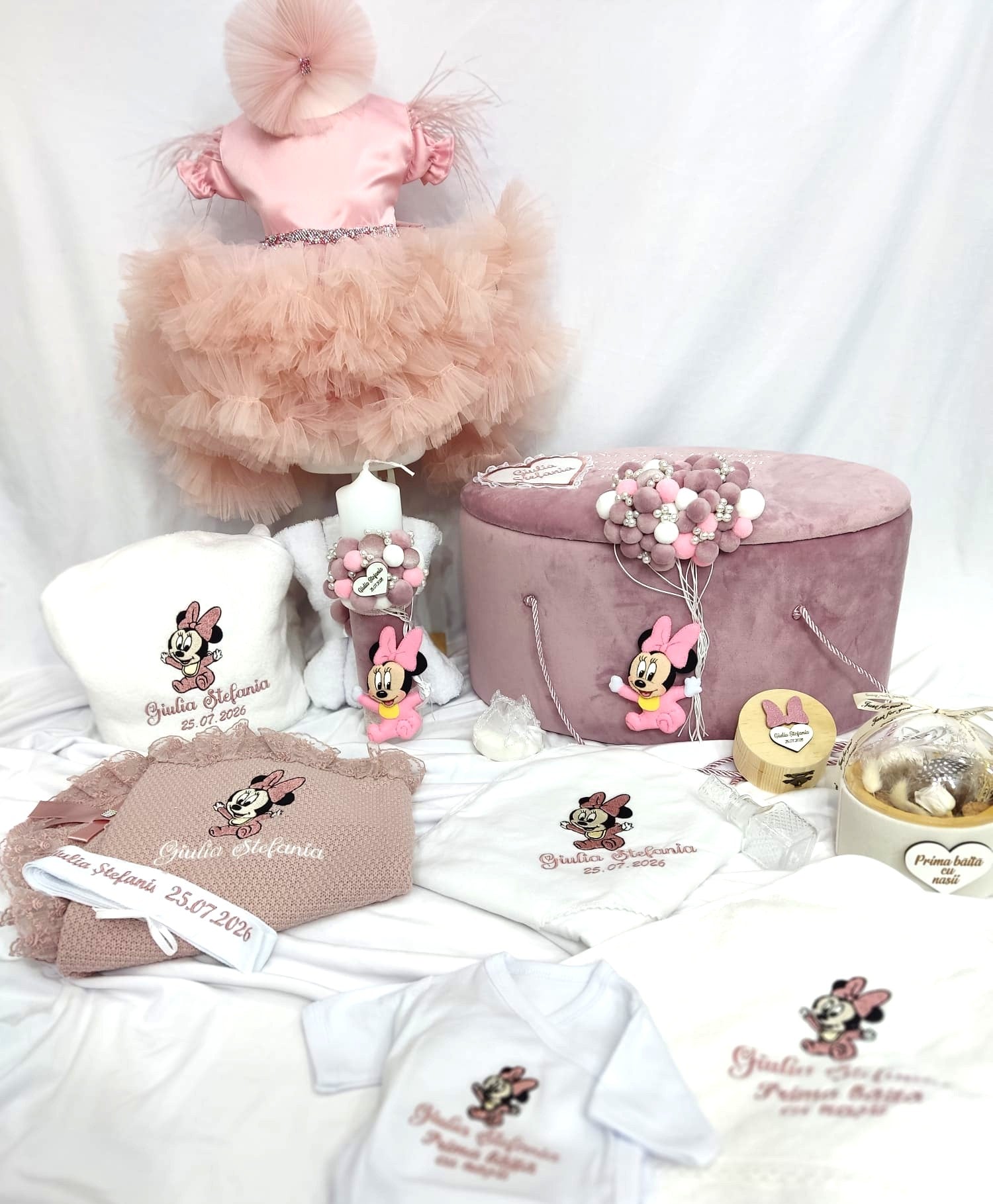 Trusou complet botez fetita roz pudra - Minnie bebelus
