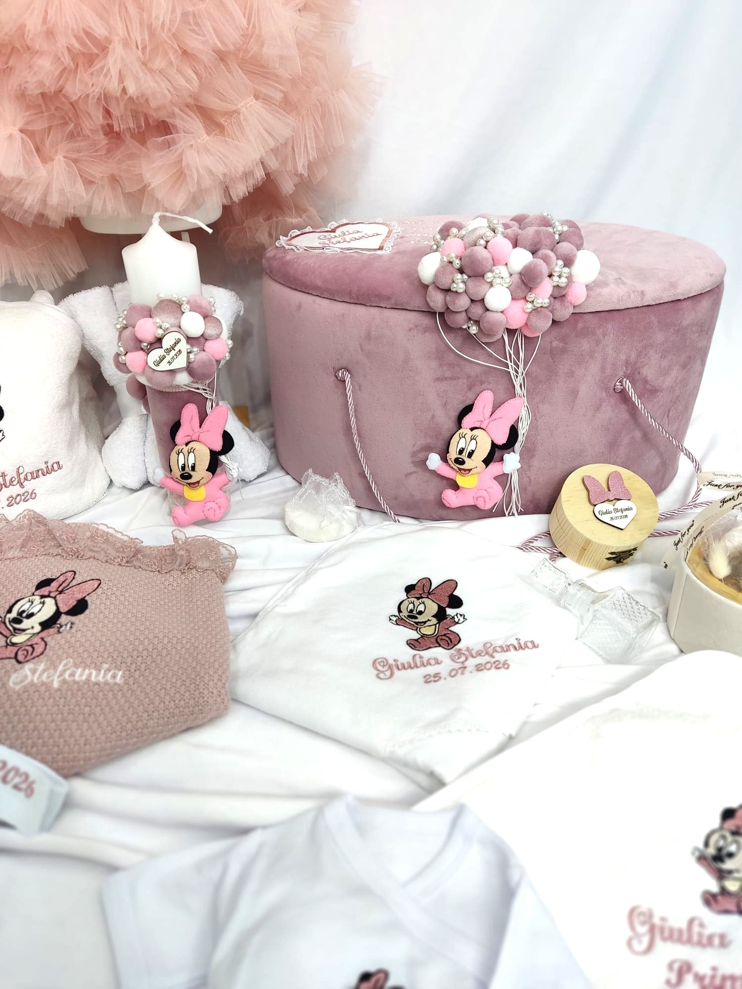Trusou complet botez fetita roz pudra - Minnie bebelus