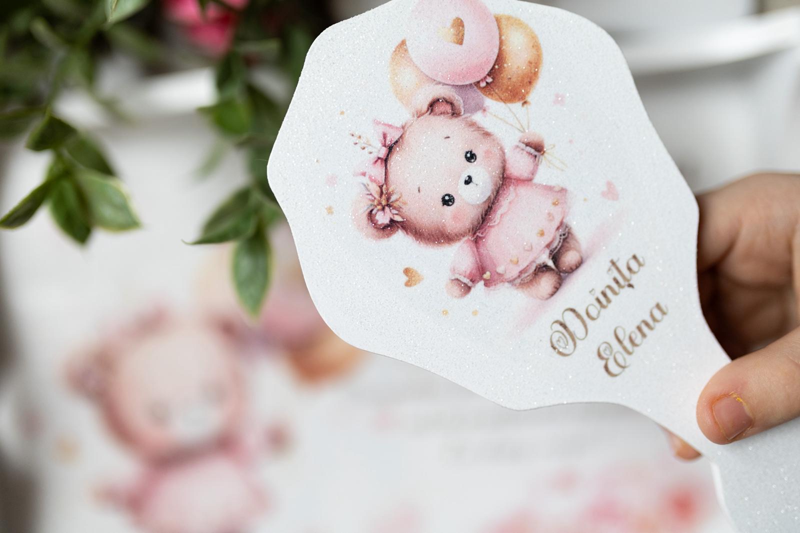 Set de moț personalizat fetiță – ursuleț roz, baloane și accente delicate