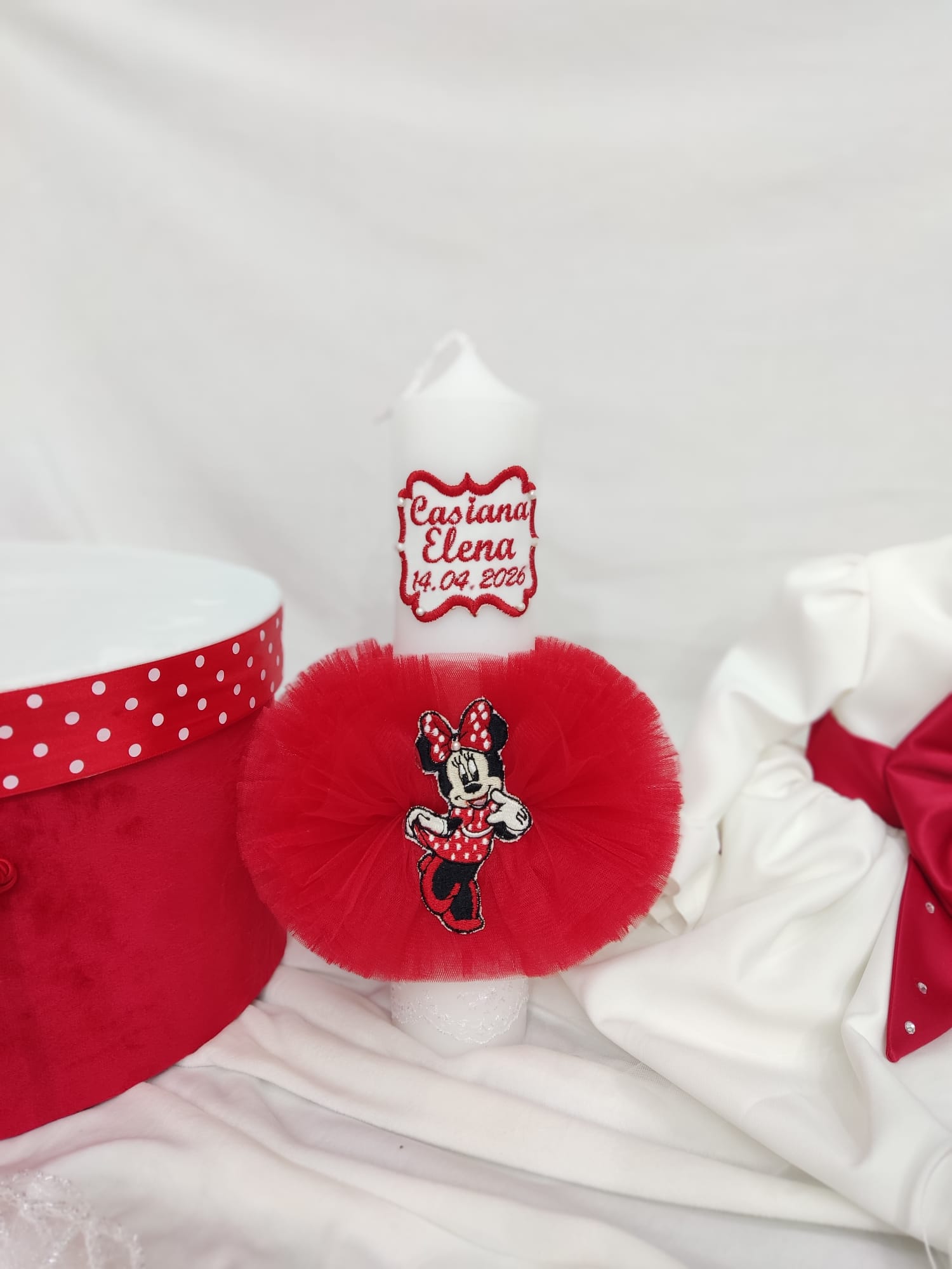 Trusou personalizat botez - Minnie rosu