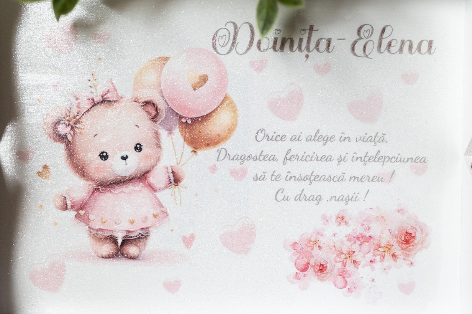 Set de moț personalizat fetiță – ursuleț roz, baloane și accente delicate