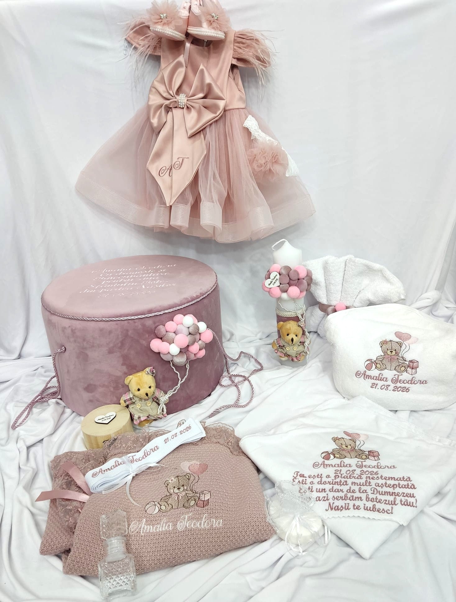Trusou botez complet fetita roz pudra - ursulet cu baloane