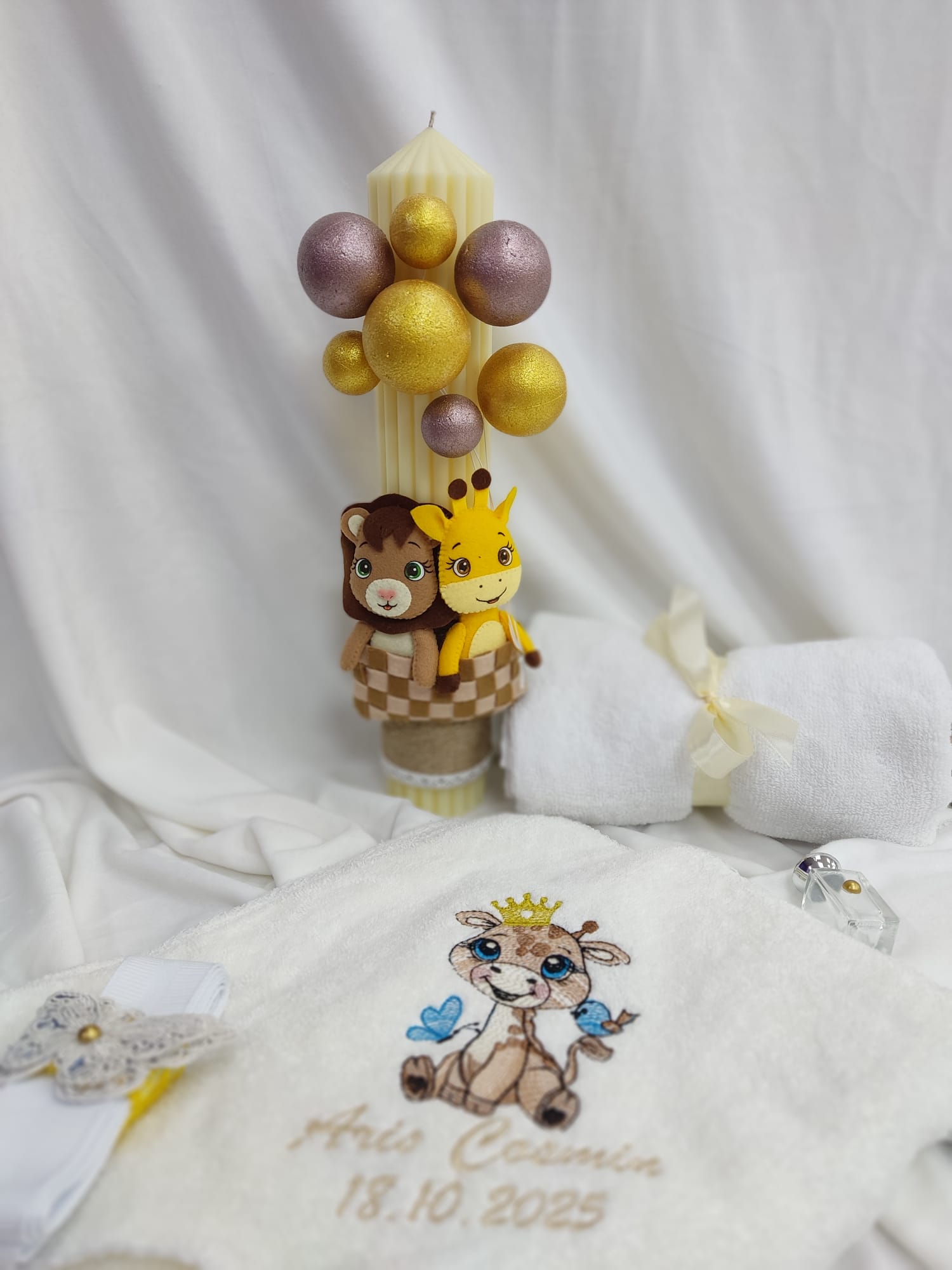 Lumanare botez - tematica girafa si leu