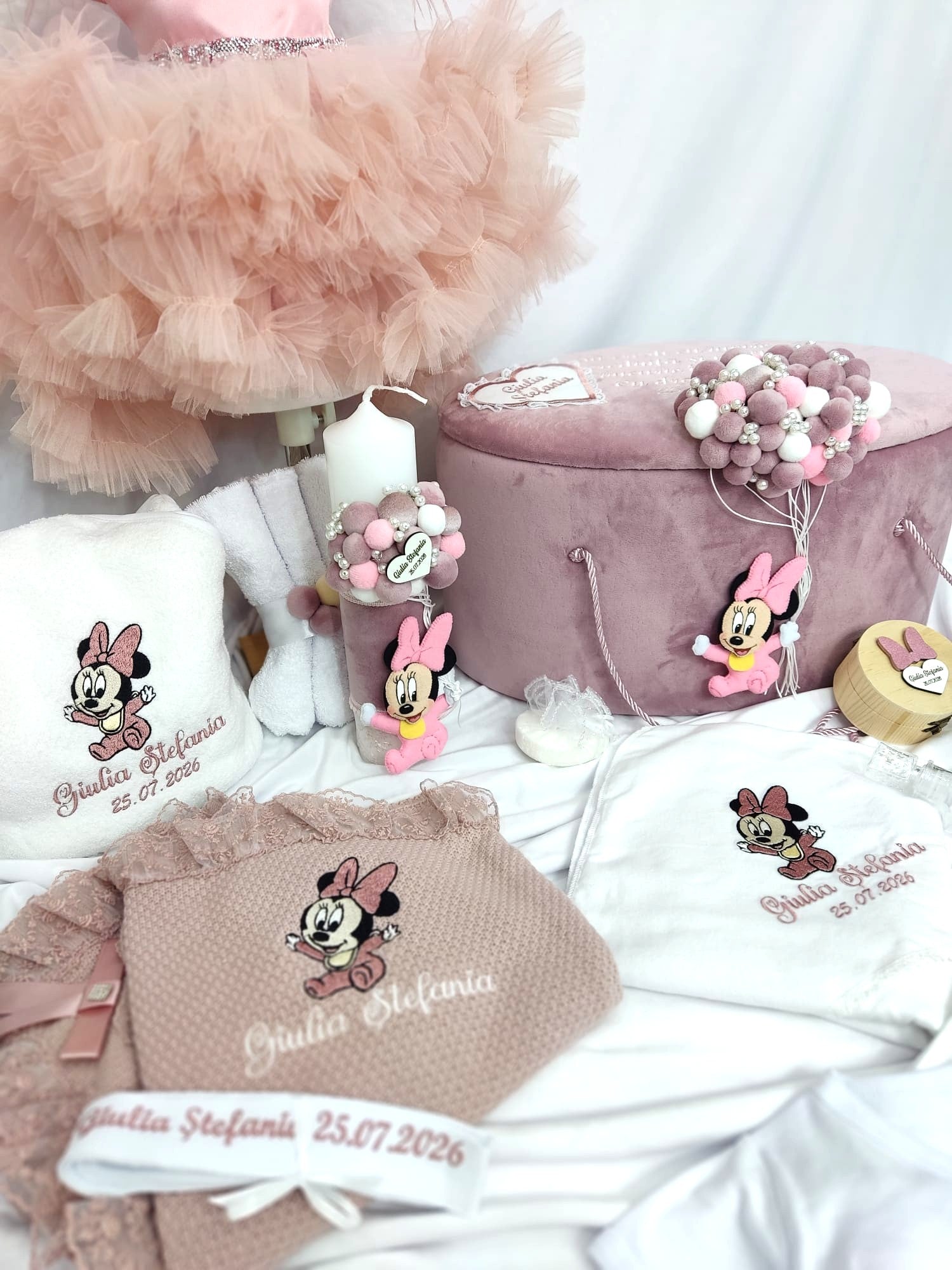 Trusou complet botez fetita roz pudra - Minnie bebelus