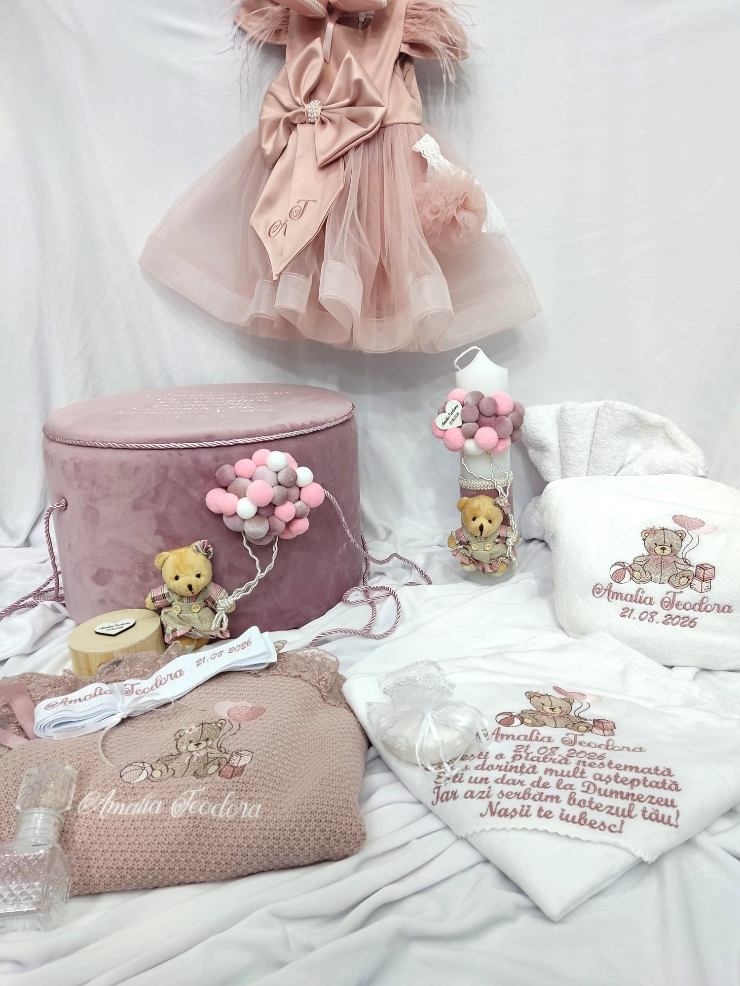 Trusou botez complet fetita roz pudra - ursulet cu baloane