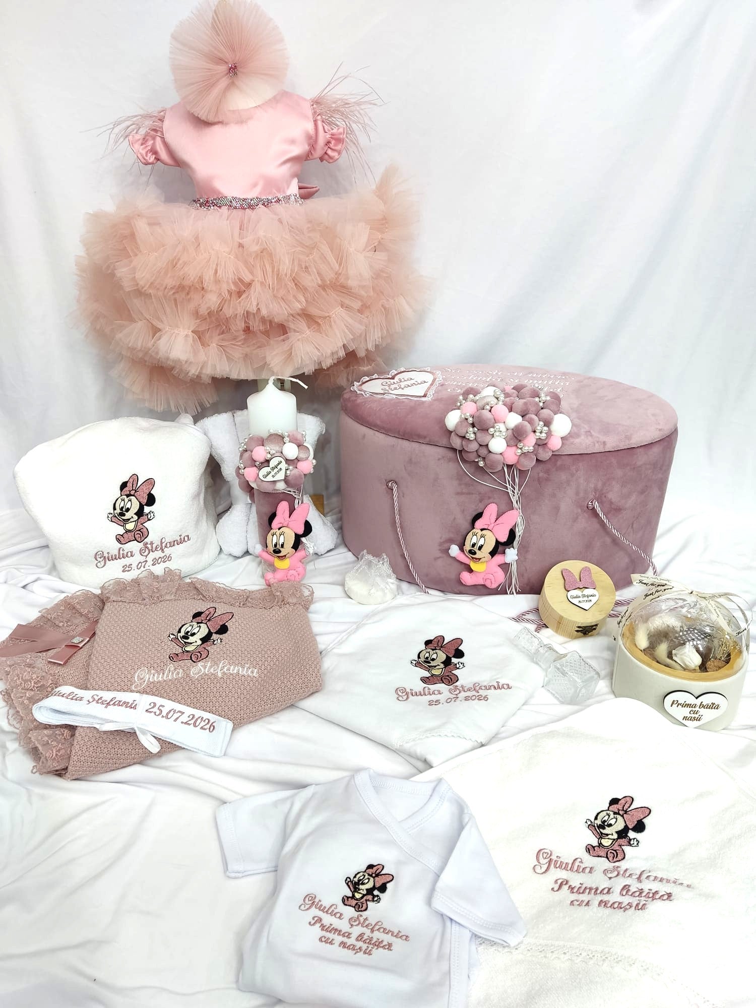Trusou complet botez fetita roz pudra - Minnie bebelus