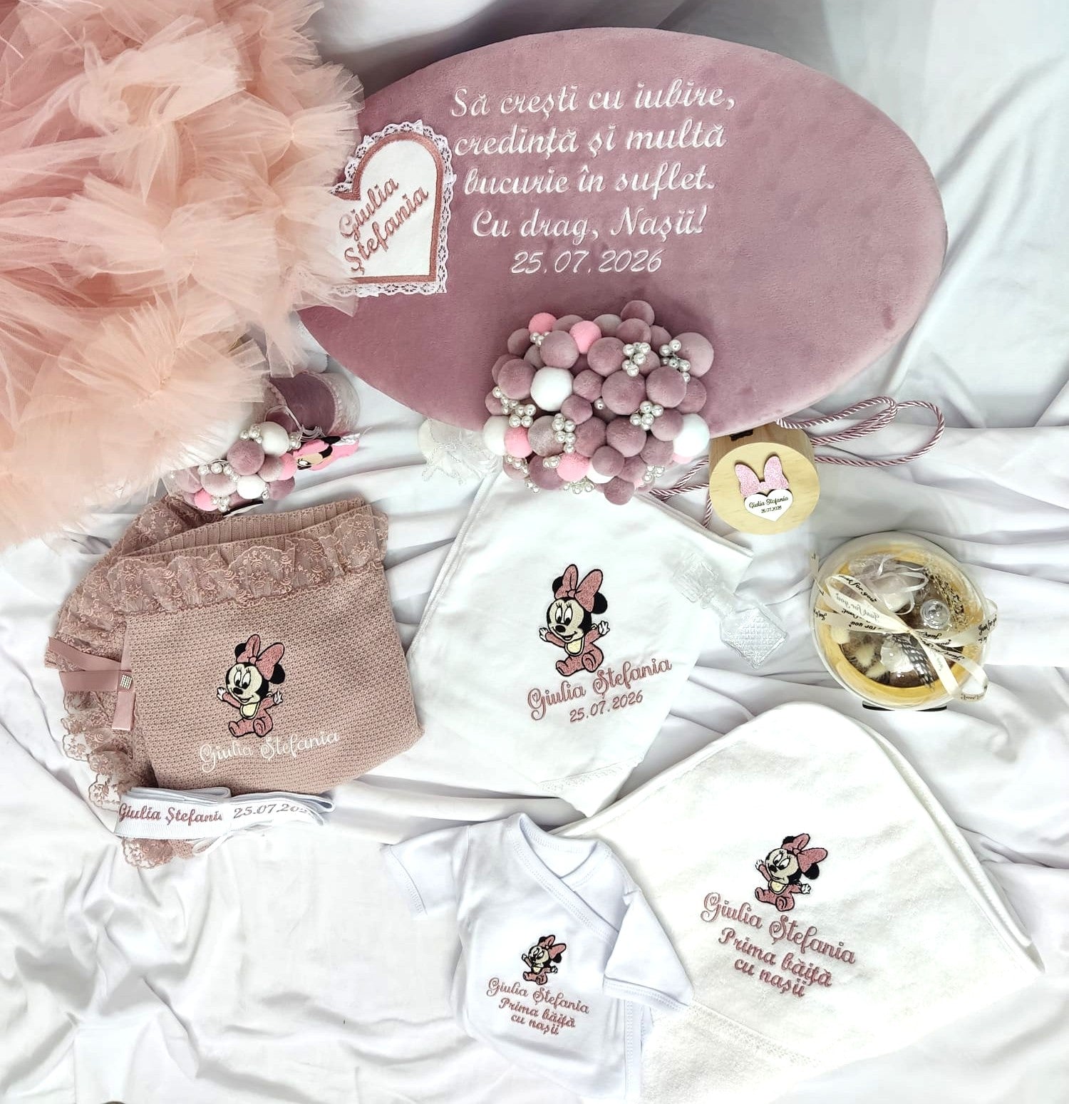 Trusou complet botez fetita roz pudra - Minnie bebelus