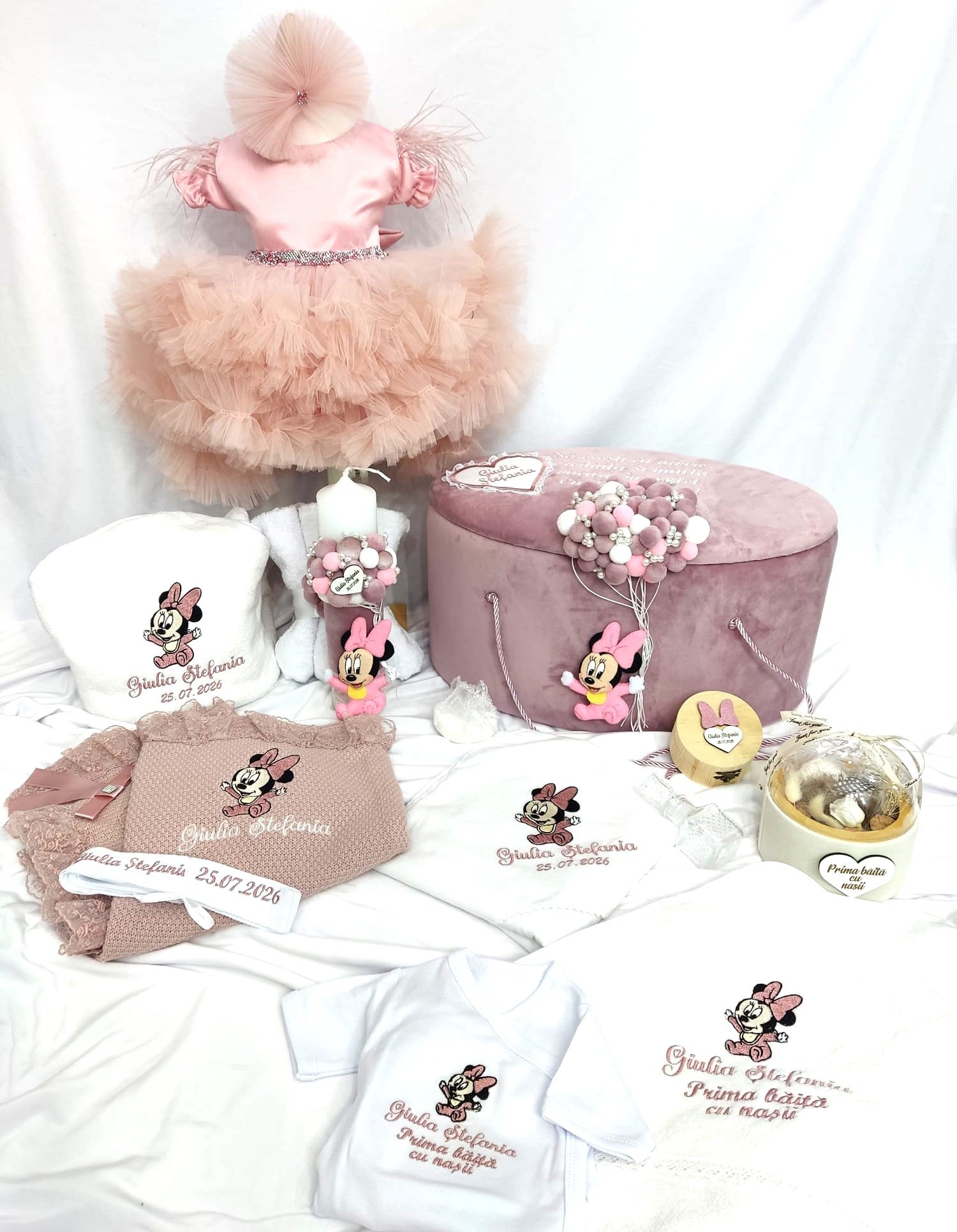 Trusou complet botez fetita roz pudra - Minnie bebelus