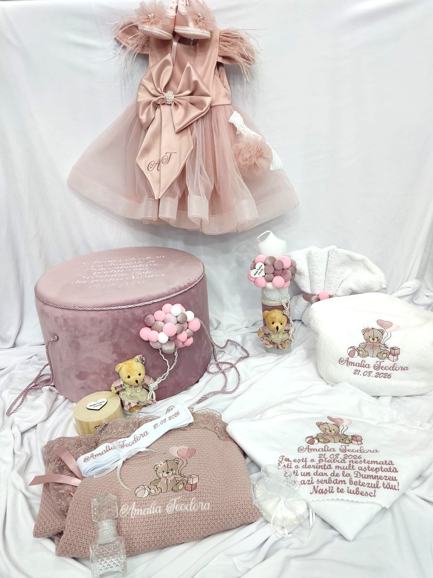Trusou botez complet fetita roz pudra - ursulet cu baloane