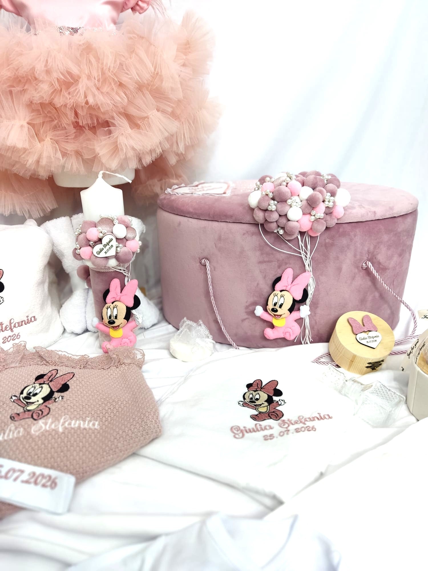 Trusou complet botez fetita roz pudra - Minnie bebelus